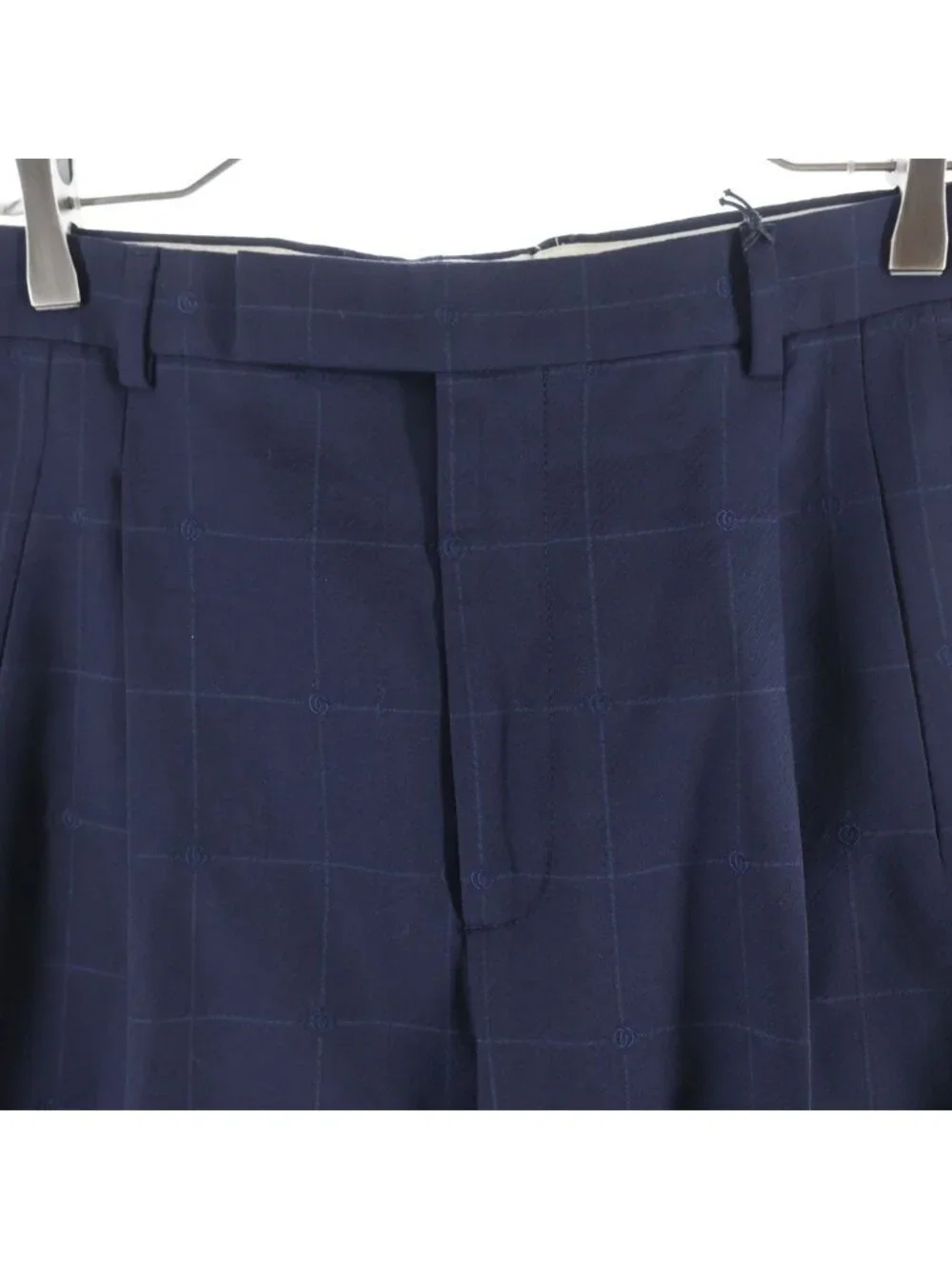 Gucci Pleated Wide Pants Trousers Check Wool GG Logo Navy